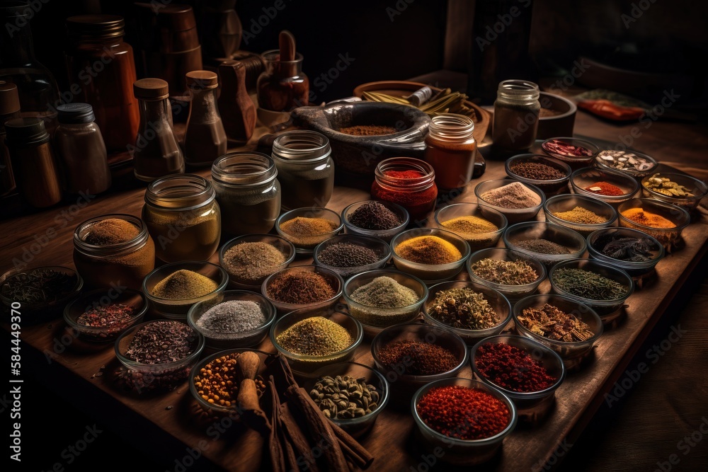  a wooden table topped with lots of different types of spices and jars filled with different types of spices and seasonings on top of it.  generative ai