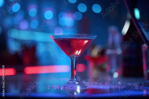  a close up of a martini glass on a table with a blurry background of a bar and a mirror in the backgrouund.  generative ai