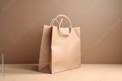  a brown paper bag with a handle on a beige surface with a brown wall in the background and a white handle on the top of the bag. generative ai