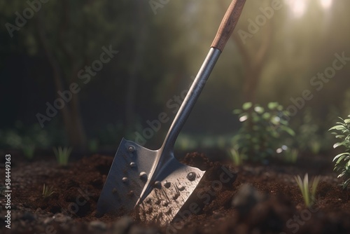  a shovel is stuck in the ground with dirt and grass in the foreground, and a bush in the background, with sunlight shining through the trees. generative ai
