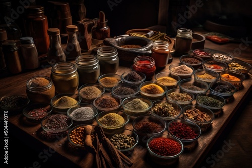  a wooden table topped with lots of different types of spices and jars filled with different types of spices and seasonings on top of it. generative ai