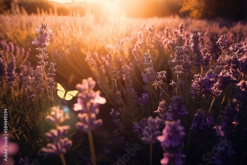  a field of lavender flowers with a butterfly flying in the sky above it at sunset or sunrise or sunset  with the sun shining through the clouds.  generative ai