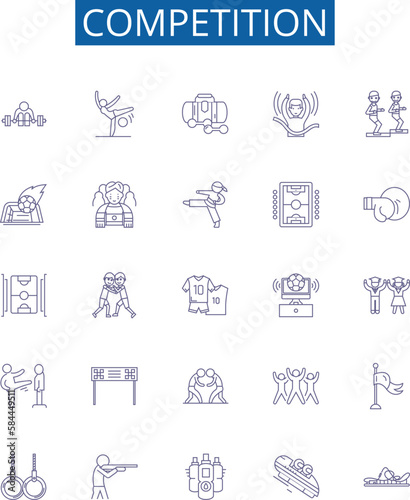Competition line icons signs set. Design collection of Contest, Race, Duel, Clash, Struggle, Vying, Pit, Trial outline concept vector illustrations