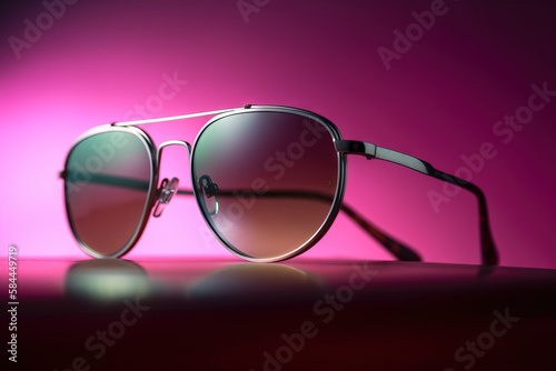  a pair of sunglasses sitting on top of a pink table next to a pink wall with a reflection of the sunglasses on it's side. generative ai