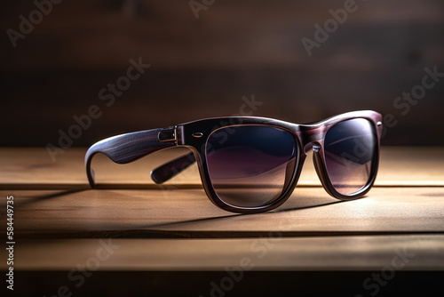  a pair of sunglasses sitting on top of a wooden table next to a window sill with a wooden frame and purple tinted lenses on it.  generative ai