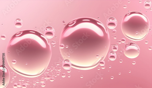 Drops of collagen or water on a pink background, cosmetic product, moisture, skin care spill puddles, top view photo