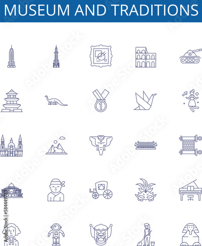 Museum and traditions line icons signs set. Design collection of museum, traditions, history, culture, heritage, artifact, exhibit, collection outline concept vector illustrations