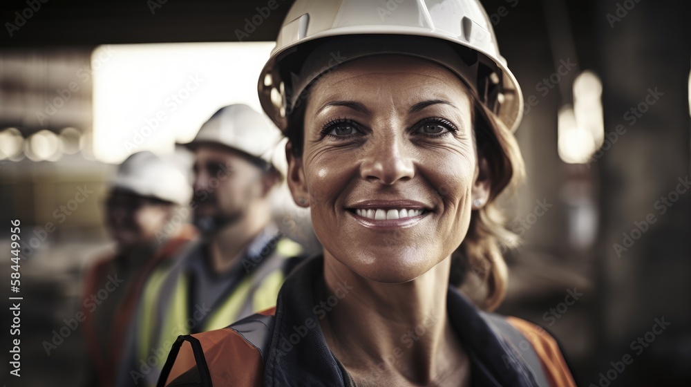 woman working on a construction site, construction hard hat and work vest, smiling, middle aged or older, Generative AI woman working on a construction site, construction hard hat and work vest, smiling, middle aged or older, Generative AI