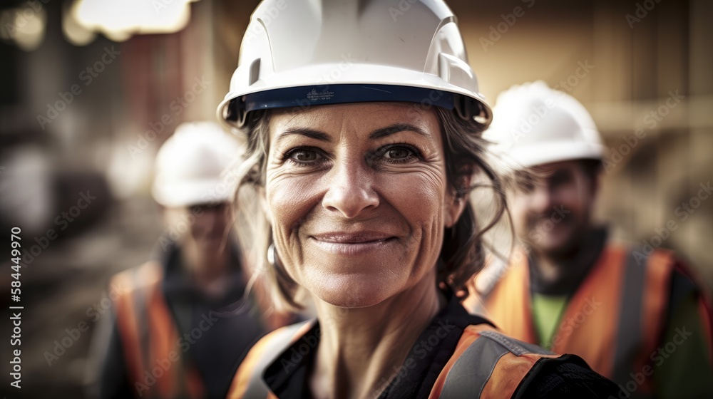 woman working on a construction site, construction hard hat and work vest, smiling, middle aged or older, Generative AI woman working on a construction site, construction hard hat and work vest, smiling, middle aged or older, Generative AI