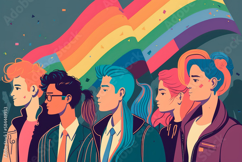 LGBT people together with rainbow flag by colors of the pride flag, conveying the message of love, inclusivity, and respect for diversity. LGBTQ+ community. Vector illustration. Generative AI.