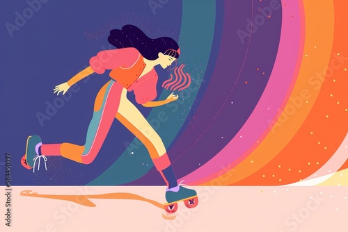 a colorful minimalist illustration of a girl rollerskating, inline skating. generative ai