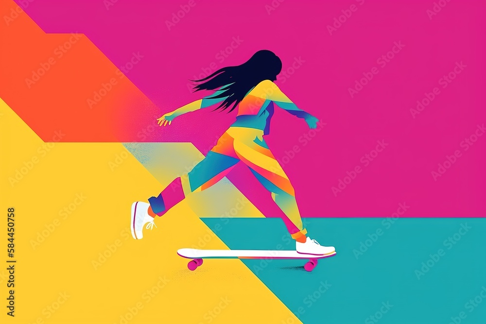a colorful minimalist illustration of a girl riding a skateboard or longboard. generative ai