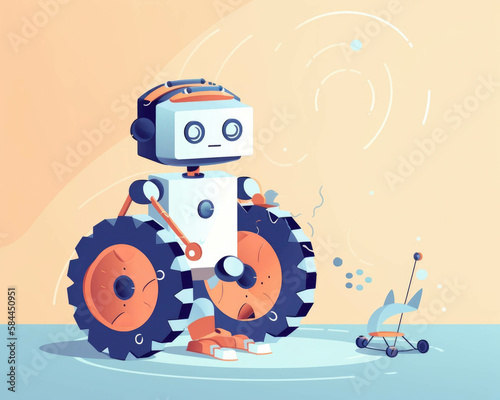 Training wheels encircle a robot that is learning from AIcontrolled lesson plans. . AI generation.