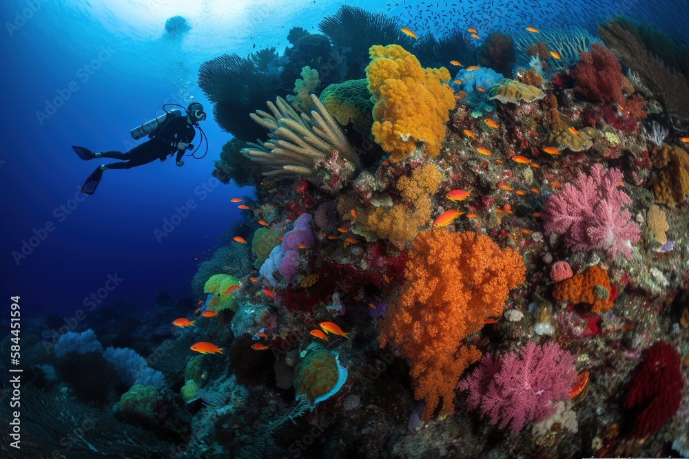 Fototapeta premium a scuba diver diving and exploring a colorful coral reef. generative ai