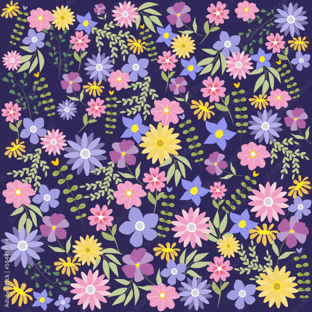Fondo floral en tonos rosas, lilas y amarillos sobre azul. Fondo floral en tonos rosas, lilas y amarillos sobre azul.