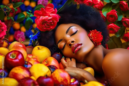 Dreaming in Color: A Surreal Portrait of a black Woman in vivid surroundings