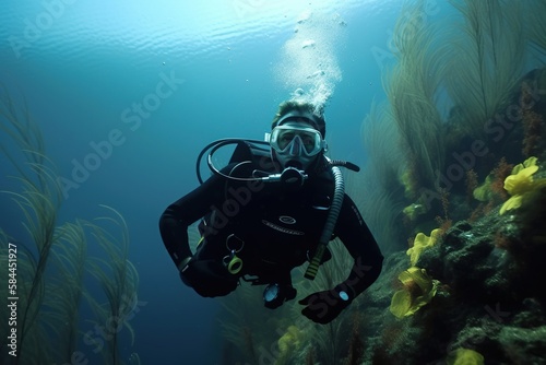 a scuba diver diving and exploring a colorful coral reef. generative ai