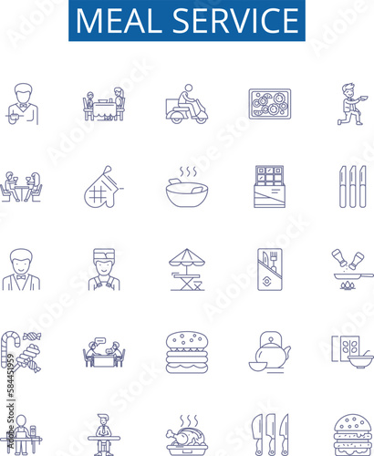 Meal service line icons signs set. Design collection of Meal, Service, Catering, Delivery, Food, Takeout, Dining, Cuisine outline concept vector illustrations