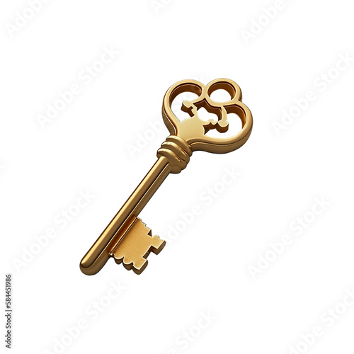Golden key isolated on white, transparent background, PNG, generative ai