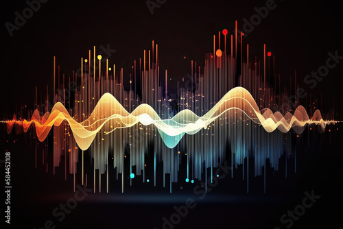 Abstract sound waves. Music equalizer effect. Colorful frequencies on dark background. Created with Generative AI