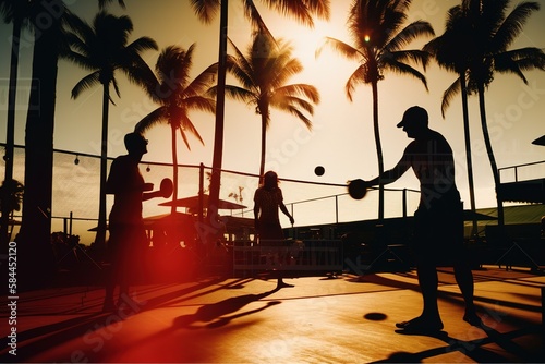 people playing pickleball near the beach with palm trees in the background, light leaks, sun flares, silhouettes. generative ai