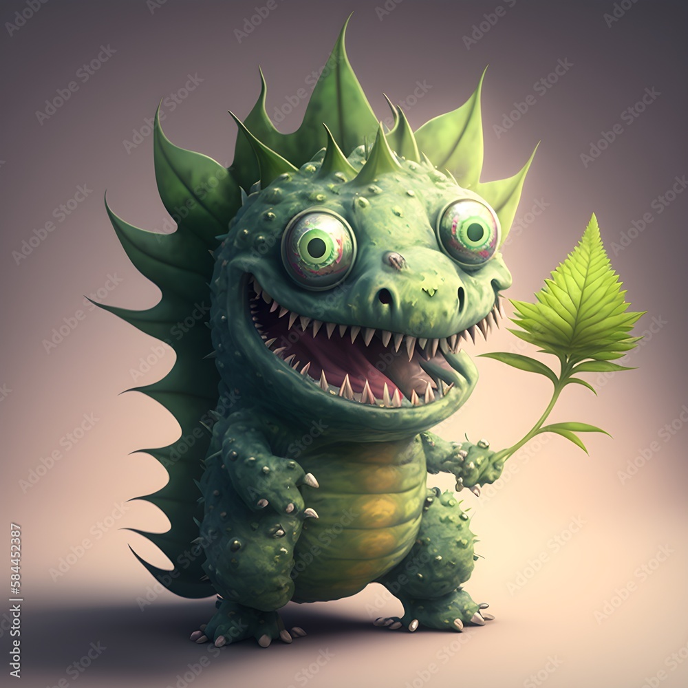 Funny marijuana monster smiling. Concept of smoking weed. Generative AI Funny marijuana monster smiling. Concept of smoking weed. Generative AI
