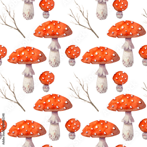 Watercolor seamless pattern of fly agaric. Hand-drawn illustration isolated on the white background. Forest theme