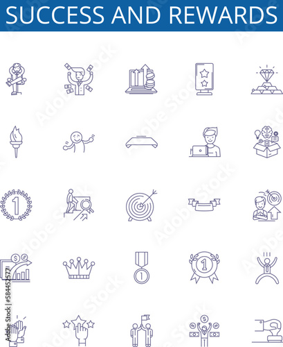 Success and rewards line icons signs set. Design collection of Achievement, Triumph, Honor, Profit, Riches, Gain, Prudence, Merit outline concept vector illustrations