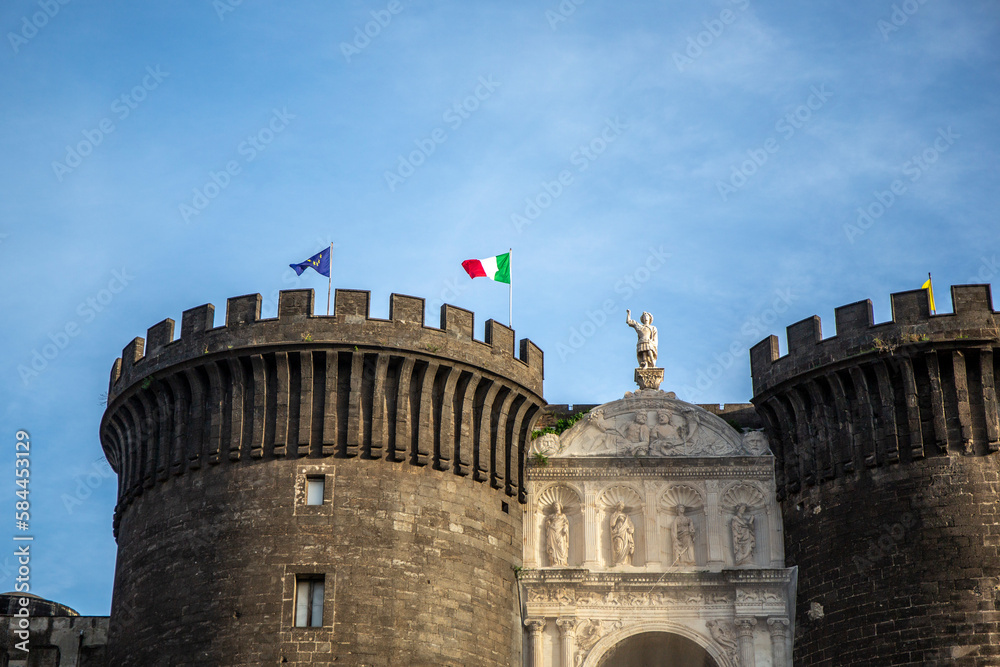 New Castle of Naples with the flag of Italy and the European Community