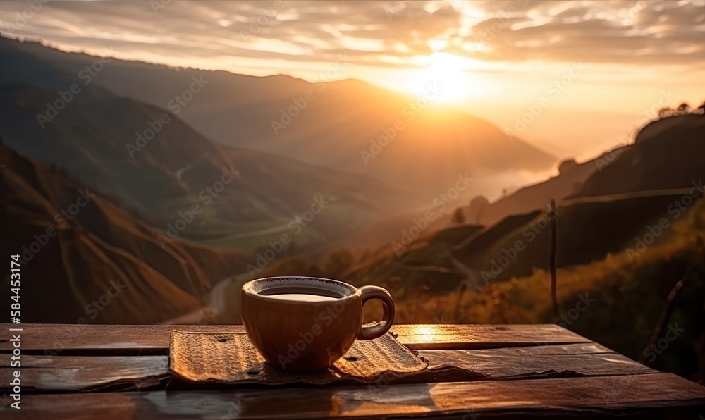 Cup with hot coffee on a wooden table against the background of sunrise and mountains, generative AI Cup with hot coffee on a wooden table against the background of sunrise and mountains, generative AI