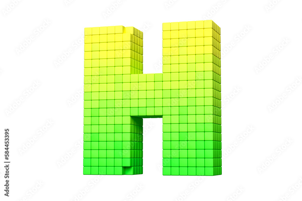 Pixel art font letter H in yellow to green color scheme. High quality 3D rendering. Pixel art font letter H in yellow to green color scheme. High quality 3D rendering.