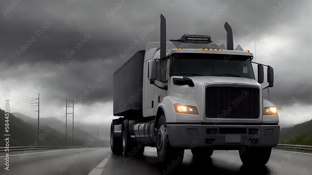 A truck is driving on the road. Dark dramatic landscape as background, gloomy sky with rainy clouds, forest and hill. Generative AI.