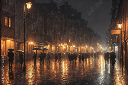 Rainy night street in a city  old architecture  houses  random people  street lighting and foggy. Generative AI.