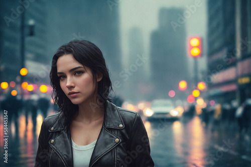 A beautiful woman portrait, night city as background. Generative AI.