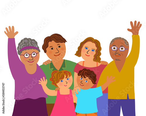 Happy multi-ethnic group of family standing together. Illustration, isolated on white background.