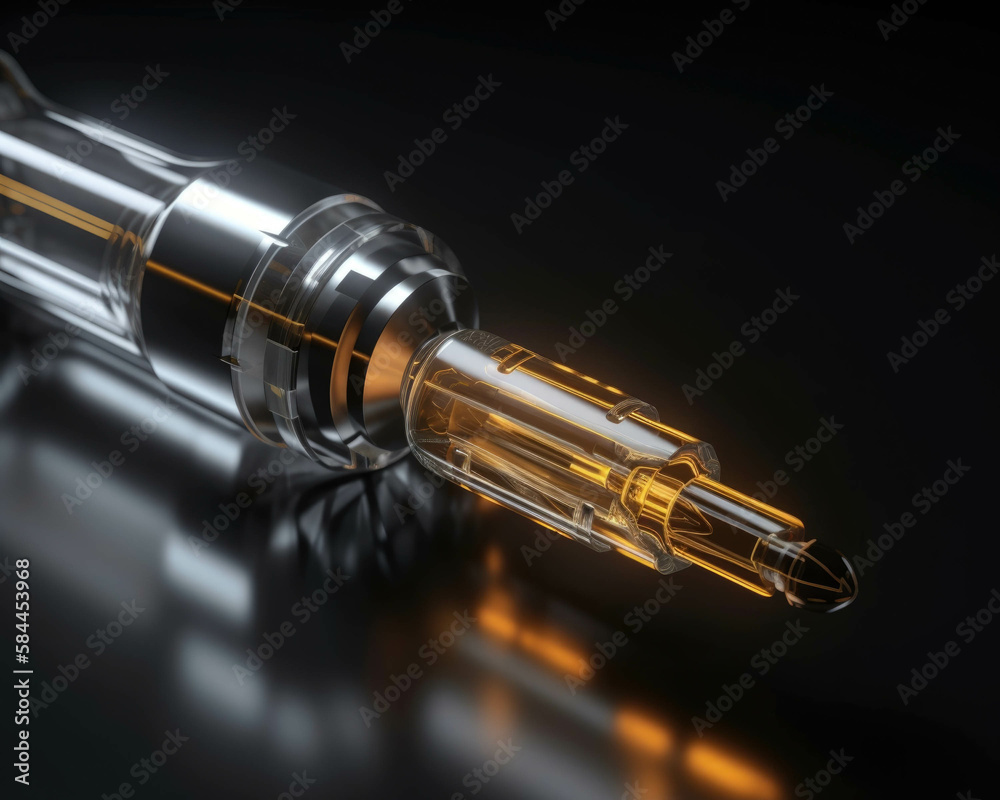Naklejka premium A closeup of a syringe filled with a metallic liquid highlighting the potential of AI to ist in vaccination and drug delivery. . AI generation.