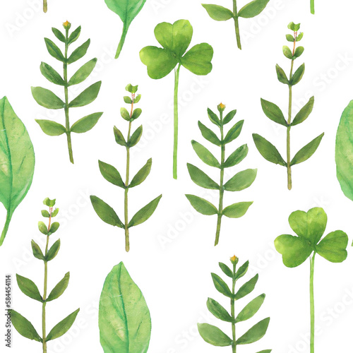 Tropical green plants seamless pattern. Watercolor botanical background. Generative AI