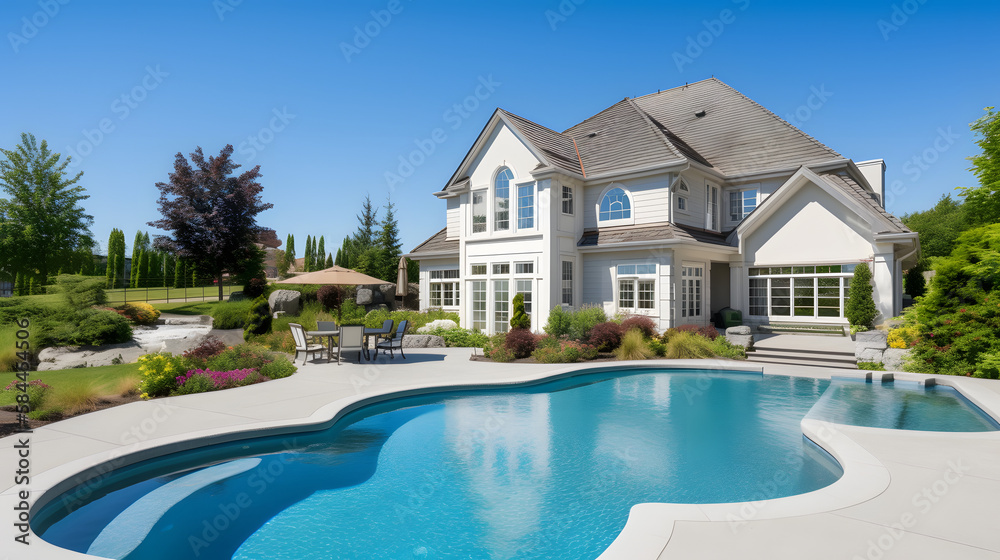 Beautiful home exterior and large swimming pool on sunny day with blue sky. Features series of water jets forming arches.