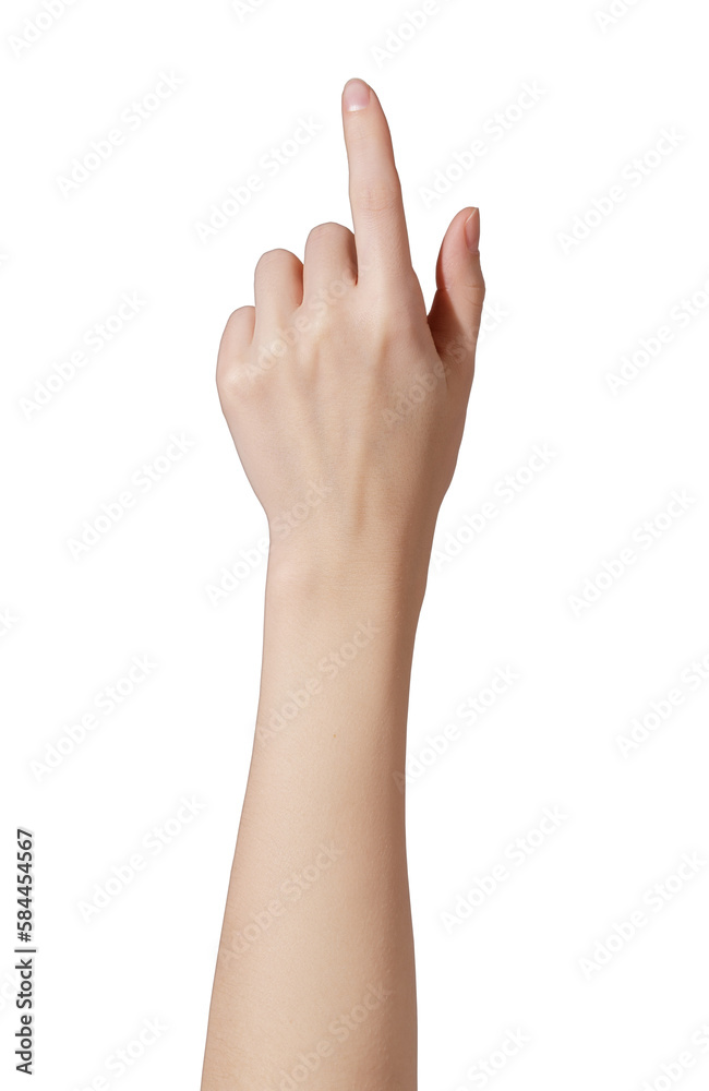 Young woman hand touch virtual screen on transparent background Young woman hand touch virtual screen on transparent background