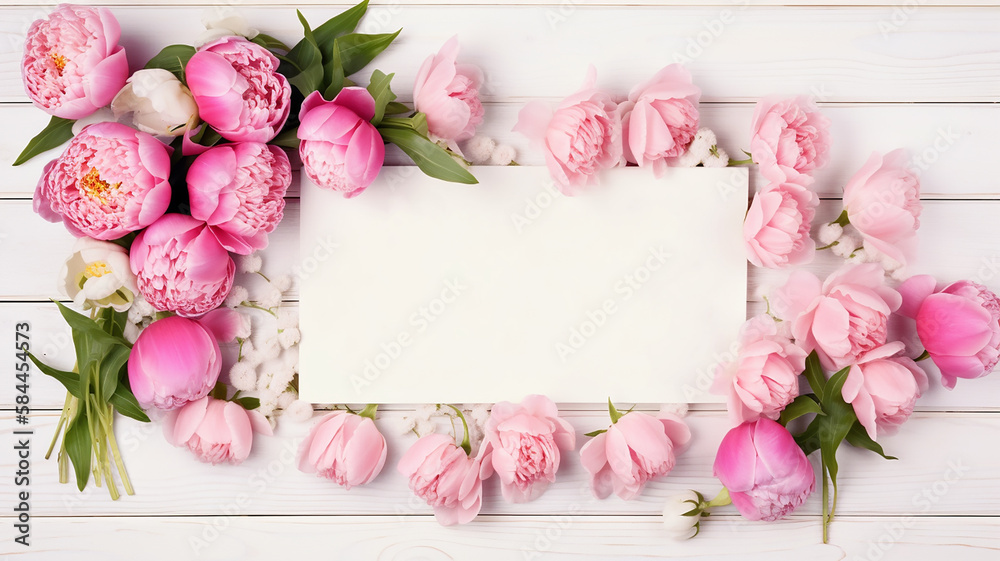 frame white sheet with pink flowers roses for the holiday .Generative AI