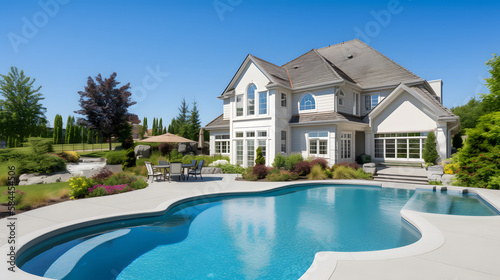 Beautiful home exterior and large swimming pool on sunny day with blue sky. Features series of water jets forming arches.
