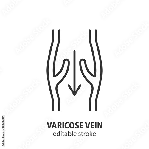 Varicose veins line icon. Venous circulation varicose veins outline vector symbol. Editable stroke.