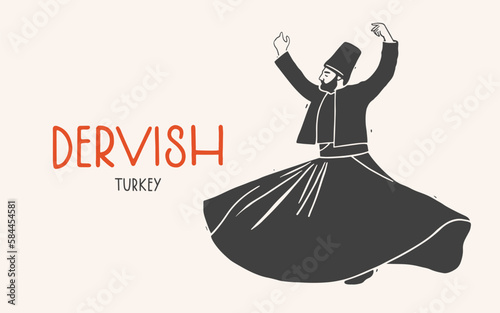 Dancing dervish. Sufi religious dance. Traditional Turkish image for the design of tourism and souvenir products. Vector illustration isolated.