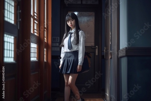 Portrait of Japanese schoolgirl in a white shirt. Generative AI