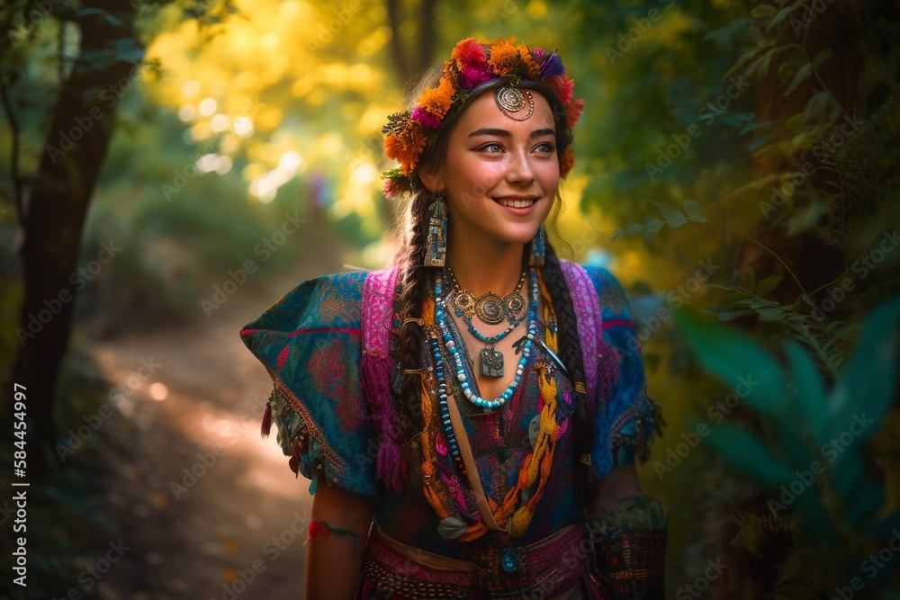 Portrait of pretty young shaman in indian dress near jungle, tropics. Generative AI