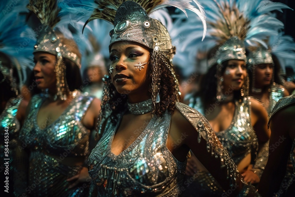 Portrait of woman celebrating and dancing at brazilian carnival. Generative AI