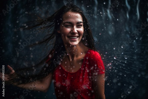 A beautiful brunette stands under pouring water droplets. Generative AI