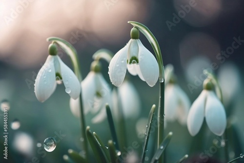 White snowdrops in the early spring in the forest. Beautiful footage of galanthus commonly known as snowdrop. Generative AI © Andrii 