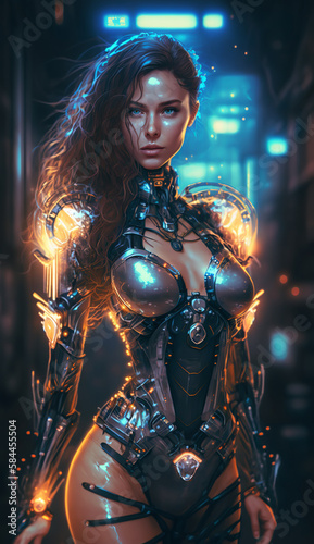 portrait of beautiful woman in future outfit, sexy cyberpunk girl. Created using generative artificial intelligence. © Ренат Хисматулин