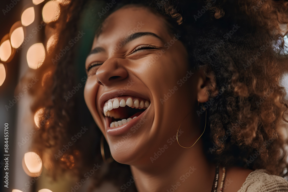 Face, hair care and beauty perfect smile of smiling happy black woman. Jamaican female model, makeup and portrait with beautiful healthy hair and curls after cosmetic spa treatment Face, hair care and beauty perfect smile of smiling happy black woman. Jamaican female model, makeup and portrait with beautiful healthy hair and curls after cosmetic spa treatment